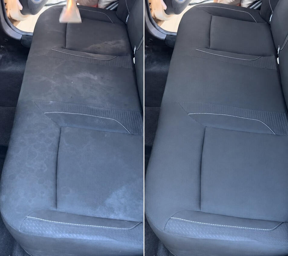 Stoffsitz mit Flecken – vor und nach der LuxeDrive-Reinigung Stoffsitz mit Flecken – vor und nach der LuxeDrive-Reinigung