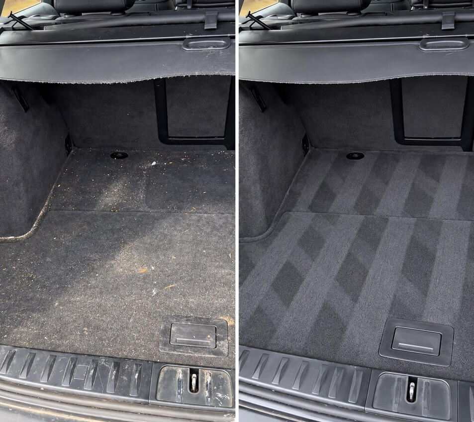 Kofferraum – vor und nach der LuxeDrive-Reinigung Kofferraum – vor und nach der LuxeDrive-Reinigung